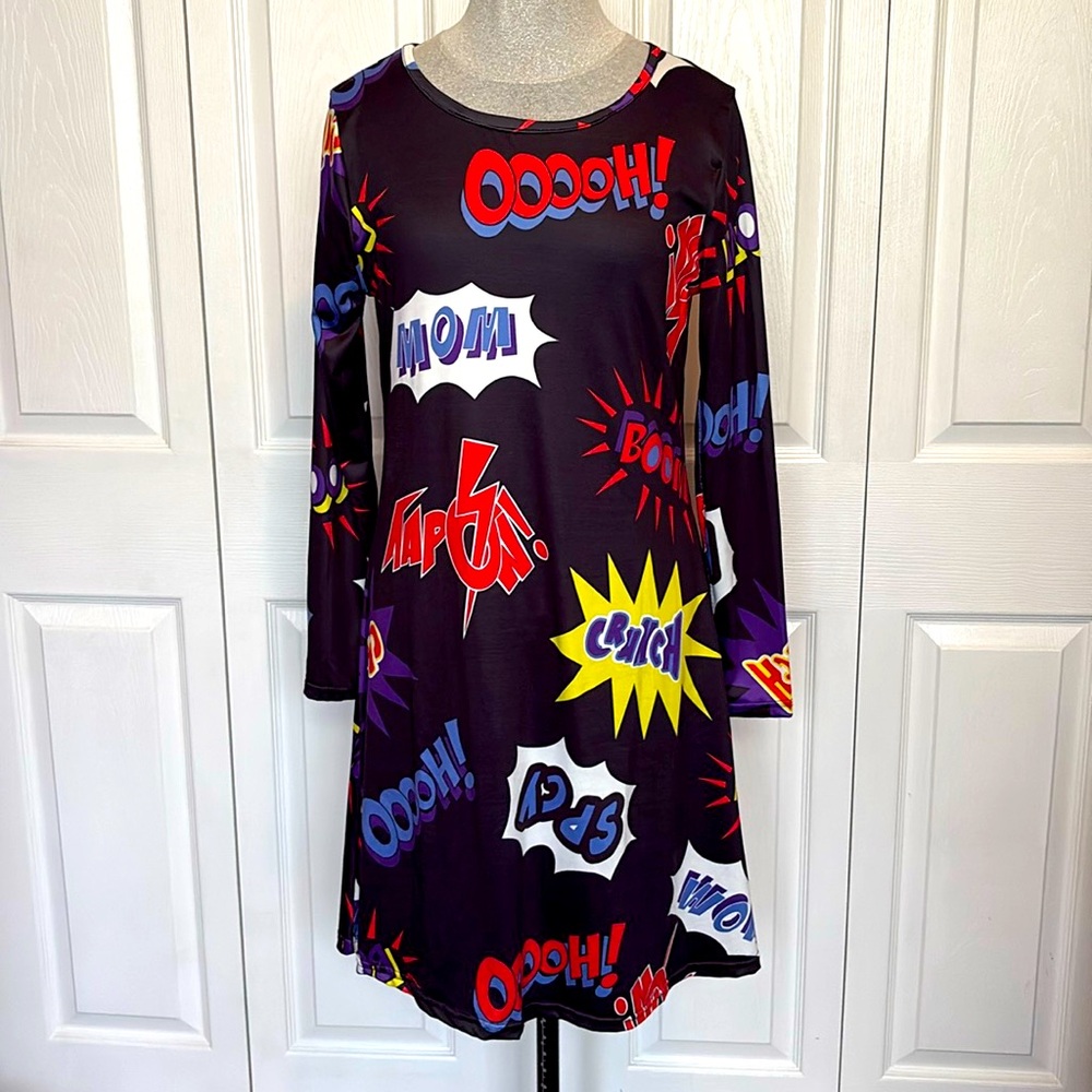 Comic Print Fit N Flate Knee Dress Womens M Pop Art Kidcore Rave Party Boom!💥